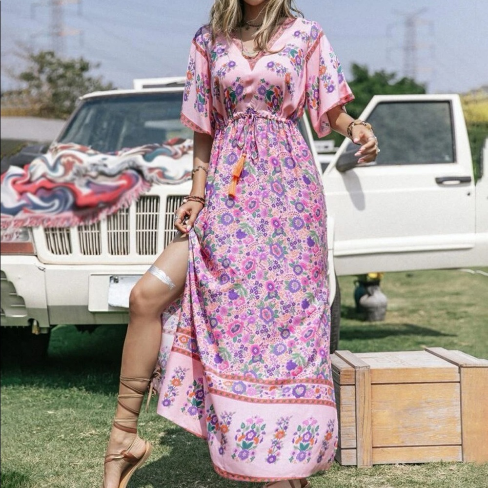 Bohemian Floral print split thigh draw string waist dress - Picture 1 of 7